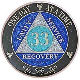 (Years 1-50) 33 Year AA Recovery Silver Color Plated Glitter Medallion, Black Rainbow, Blue, Silver Glitter Coin, Epoxy Covered (AA 33 Year Glitter Medallion)