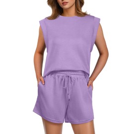 GRECERELLE 2025 - Conjunto de verano de 2 piezas para mujer, cuello redondo, manga casquillo y bolsillo, Lila, L