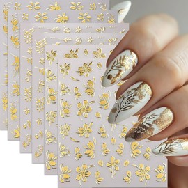 6Pcs Gold Nail Art Stickers 3D Metallic Flower Leaf Nails Decals Leaf Nails Decals Flower Butterfly Leaves Nail Design Summer Nails Supplies Hibiscus Floral Nail Accessories for Women DIY Nail Art