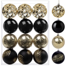 SHareconn 12ct 3.15 Inch Christmas Tree Balls Ornaments, Colored Shatterproof Plastic Decorative Baubles for Xmas Tree Decor Holiday Party Wedding Decoration (Black & Gold, 80mm)