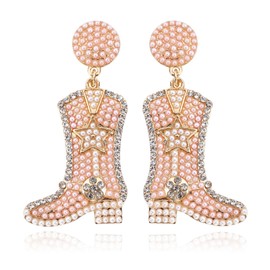 Beaded Earrings for Women Cow Boot Earrings Boho Shoes Earrings Rhinestone Cow Boot Dangle Earrings Pink Earrings Western Country Earrings for Birthday Gifts