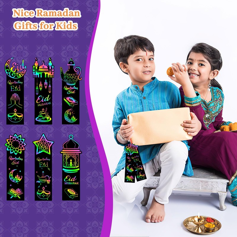JUNEBRUSHS 30Pcs Ramadan Crafts, Rainbow Magic Ramadan Scratch Bookmarks for