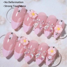 24Pcs French Tip Press on Nails Medium Almond Fake Nails 3D Bow Flower Design Handmade Glue on Nails Daisy False Nails Nude Pink Acrylic Nails Rhinestone Stick on Nails for Spring Summer Manicure Kit