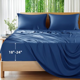 Shilucheng 100% Viscose Derived from Bamboo_Sheets, Extra Deep Pocket Sheets Fits 18"-24" Thick Mattress, Cooling & Breathable Bed Sheets 4Pcs, Hotel Silky Bedding Set (King,Navy Blue)