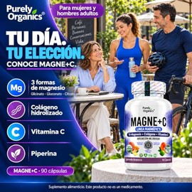 Magnesio con Colágeno Hidrolizado y Vitamina C, Magne+C Purely Organics, Magnesio Complex Glicinato, Gluconato y Citrato, 90 Cápsulas, 45 Porciones.