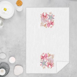 GOOZHO Coquette Pink Bow Coastal Beach Kitchen Towels, Preppy Pink Seashell Starfish Dish Tea Towels for Kitchen Decor, Girly Beachy Nautical Hand Towel, 16x24 Inches