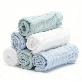 Organic Muslin Baby Washcloths 6 Pack Baby Bath Face Towel 12x12 Inch Extra Absorbent and Soft Burp Cloth and Wash Cloths for Newborn-Infants On Sensitive Skin (White Blue Green)
