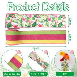 Estivaux 2 Rolls Spring Craft Ribbons for Wreath Bows, 2.5"×10 Yards Wired Edge Ribbons Yellow Pink Burlap Ribbon Flowers Leaves Wired Ribbons for Crafting Sewing DIY Crafts Supplies