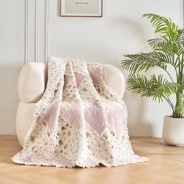 DaDalogy Cotton Patchwork Throw Blanket - Floral Cottage Quilted Reversible Blush Pink & Cream Shabby Chic Botanical Ruffle Design - Vintage Garden Rose Pastel Accents - 50 x 60