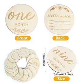 Oslynia 14 Pcs Baby Monthly Milestone, Wooden Double-Side Engraved Monthly Baby Milestone, World Hello Birth Announcement Sign, Excellent Record Of Growing Babys Milestones