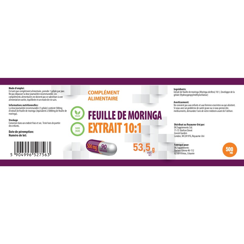 Moringa Leaf 5,000mg Equivalent (500mg 10:1 Extract) 90 Vegan Capsules,