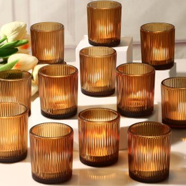 48pcs Amber Votive Candle Holders - Fall Decor, Glass Tea Lights Candle Holder Bulk for Wedding Table Centerpiece Decor, Votives Candle Holders for Birthday Party Anniversary Home Decorations(Amber)