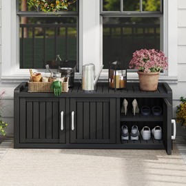 KAMABOKO Outdoor Shoe Storage Cabinet Waterproof UV-Resistant, Entryway Storage Bench Indoor Outdoor with 3 Barn Doors, Adjustable Shelves for Entryway, Bedroom, Hallway,Living Room(Black)