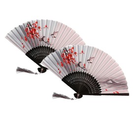 UtySty 2 Pack Mini Folding Hand Fans with Tassel Bamboo Frame Silk Fan Chinese Vintage Pattern Art Craft Gift Home Decoration Ornaments Party Performance Dance Gift Plum Blossom Flower