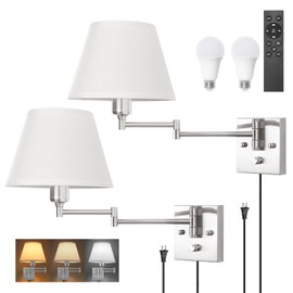 TRLIFE Wall Sconces Plug in, Remote Control Dimmable Wall Sconce and Adjustable Color Temperature 2700K-6500K, Swing Arm Wall Lights with Plug in Cord, 9.4" Medium White Fabric Shade(2 Pack, 2 Bulbs)