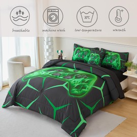 ZRNBAST Queen Bedding Set for Boys 6-Piece Green Gamer Comforter Set for Kids Teen Soft Lightweight Microfiber Video Game Bed in A Bag with Sheet Set All Season(Green,Queen)