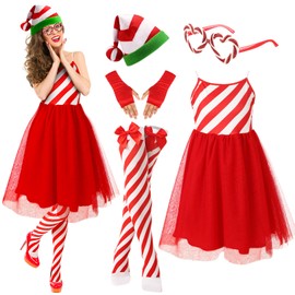 Toulite 5 Pcs Women Christmas Candy Cane Costume Santa Hat Tutu Dress Striped Tights Candy Glasses Gloves for Party(Medium)