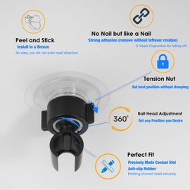 360 Adjustable Handheld Shower Head Holder - Easy Mount with Strong Adhesive - Bathroom Wall Mounted Shower Hose Holder (Matte Black)