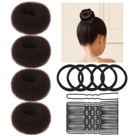 Teenitor Small Donut Hair Bun Maker Set - 4 Dark Brown Small Size Hair Bun Maker, Hair Donuts for Buns Kids, 5 Elastic Bands, 20 Hair Pins, Buns Forms for Hair