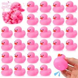 24 piezas de 2 pulgadas mini juguetes de baño de goma chirriantes patos flotantes de tina para baby shower, regalos de fiesta de cumpleaños, aula, premios de carnaval, suministros de decoración de coche (rosa)