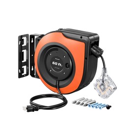 DEWENWILS 60 FT Retractable Extension Cord Reel, 12/3C SJTOW Heavy Duty Power Cord, Twist-lock Stopper, 6 Grounded Outlets, 15A Circuit Breaker, Wall/Ceiling Mounted for Garage, Workshop, ETL Listed