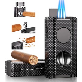 5-in-one Cigar Lighter with V-Cut Cigar Cutter, Cigar Punch, Cigar Draw Enhancer, Cigar Holder, Refillable Butane Triple Windproof Flames Torch Lighter, Cigar Accessories Tool, Cigar Gifts for Men