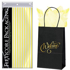 Flexicore Packaging Black Kraft Paper Welcome Bags & Yellow Gift Wrap Tissue Paper | Size: 5.25 Inch X 3.25 Inch X 8.25 Inch | Count: 50 Bags | Color: Yellow Pin Stripe