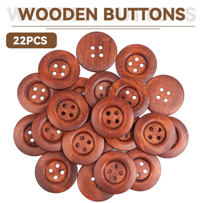 22pcs Brown Round Wood Buttons 4 Holes,Craft Buttons for Sewing