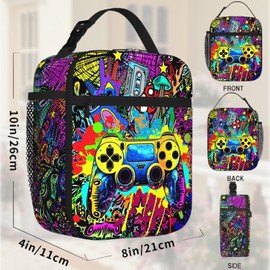 Dszemie Gamer Lunch Box for Boys, Reusable Video Game Lunch Bag for Kids Insulated Lunchbox, Portable Waterproof Leakproof Gaming Lunch Tote Bag, for School Travel Picnic Hiking Beach