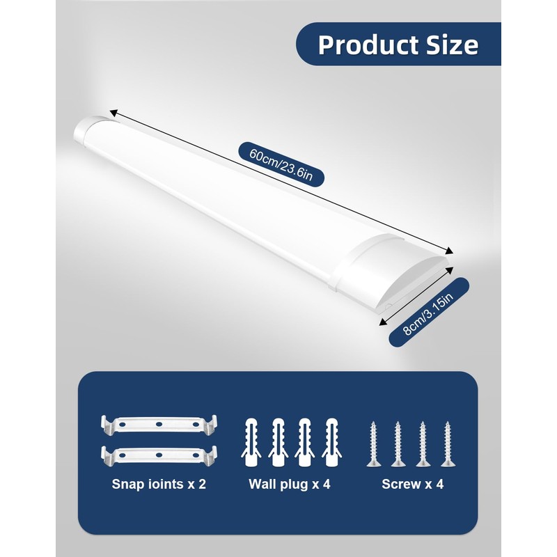 Sararoom 2ft LED Shop Fixture, 20W Tube, 2400lm, 4000K Neutral