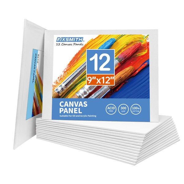 FIXSMITH Canvas Boards for Painting 9x12 Inch, Super Value 12 Pack White Blank Canvas Panels, 100% Cotton Primed, Painting Art Supplies for Professionals, Hobby Painters, Students & Kids