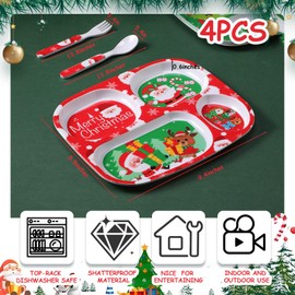 Jinei 4 Set Dinner Plate Christmas Dinnerware Set with Fork and Spoon Santa Gingerbread Man Snowman Dinnerware Divided Plates Christmas Dishes Dishwasher Safe