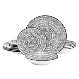 Pfaltzgraff Sketch Serenade Geometric 12 Piece Plates Bowls Dinnerware Set, Black and White
