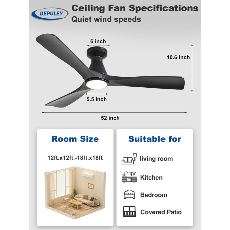 Depuley Ceiling Fans with Lights: 52-inch Smart Ceiling Fan with