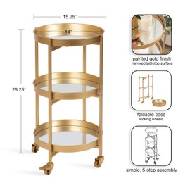 Kate and Laurel Celia Modern 3-Tier Bar Cart, 16 x 16 x 29, Gold, Decorative Round Rolling Serving Cart with Lockable Wheels and Three Tiers of Storage and Display Space