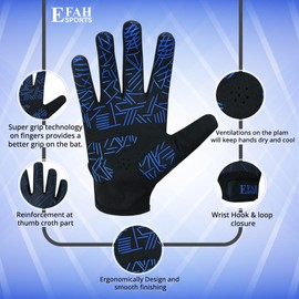 EFAH SPORTS Baseball Batting Gloves for Youth Adult Mens Kids Boys Padded Comfortable Softball Batting Gloves with Super Grip Finger Fit Palms (Blue, Youth Small)