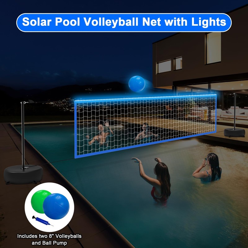 Alpcouts Pool Volleyball Net Set with Lights, Solar Powered Portable