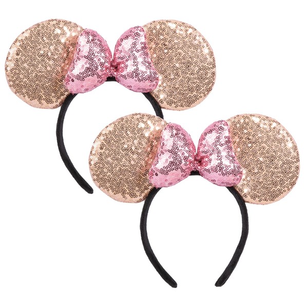 CHuangQi Mouse Ears Shiny Headbands 3D Bow (Pack of 2), Double-sided Sequins Hair Band for Birthday Party/Holiday Dress Up/Amusement Park (Pink Bow Champagne Ear)