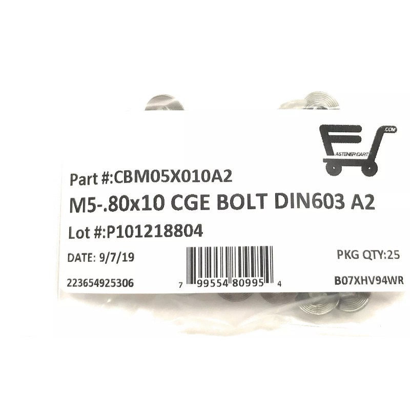 FAS (25) M5-.80x10 Carriage Bolts Stainless Steel DIN603 A2 Stainless