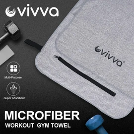 Vivva 2PC Set Microfibre Hooded Gym Towel with Zip Pocket, Quick Dry Super Absorbent Sweat Towel for Exercise Bench Training Workout, Lightweight Carry Bag for Sports, Beach, Travel, Camping (Grey)