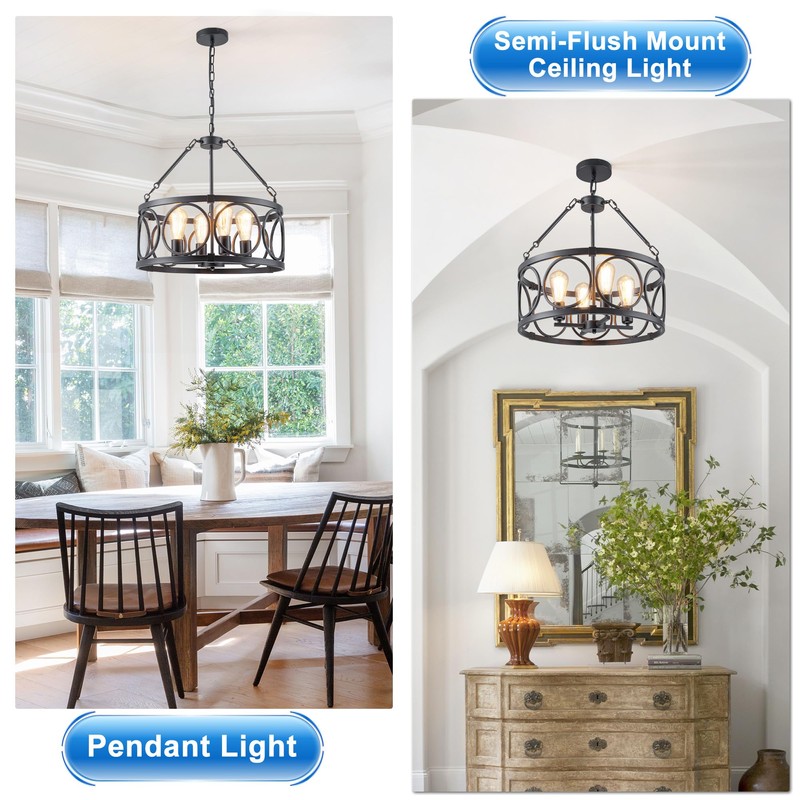 PNOUKF 4-Light Farmhouse Chandelier, Industrial Drum Pendant Light, Adjustable Height
