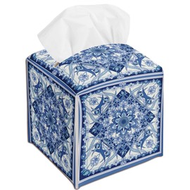 Boho Floral Tissue Box Cover Holder, Blue Flower Leather Tissue Box Cover Holder, Housewarming Gift Ideas for Friends, Home Bedroom Bathroom Office Car Decor-(5.2 Inches) A19