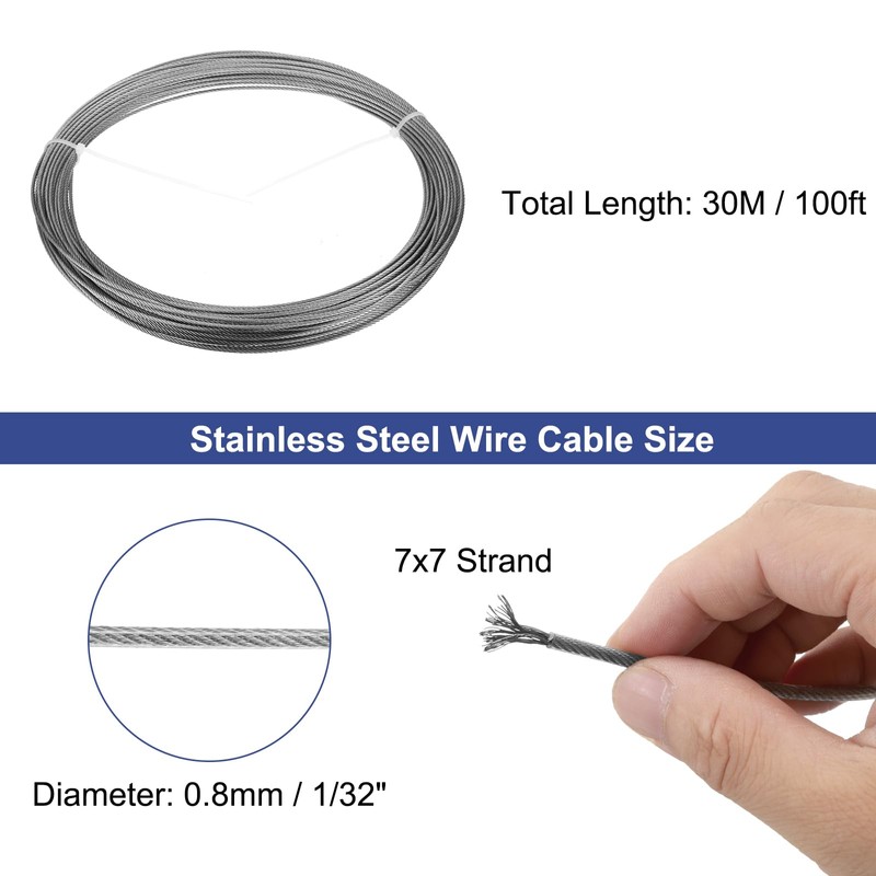 uxcell 1/32"(0.8mm) 304 Stainless Steel Cable Wire Rope 7 x