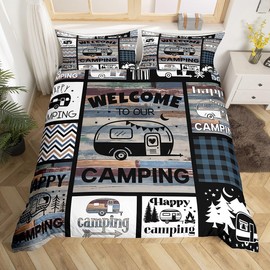 Homemissing Happy Camping Duvet Cover Set, Children's Camper Bed Linen Set, 135 x 200 cm, Buffalo Check Comforter Bed Linen for Bedroom, Geometry, Plaid, Brown, Blue Bed Set