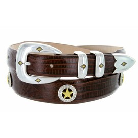 Belts.com Presidential Gold Star Italian Calfskin Designer Dress Golf Conchos Belt 1-1/8"(30mm) taper down to 1"(25mm) wide (Lizar Brown, 34)
