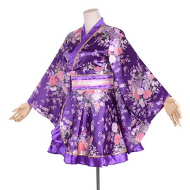 HONGFU Women's Oiran-style Long Kimono Dress, Chiffon, Cherry Blossom, Japanese Style, Yukata, Cosplay, Obi Included, Purple