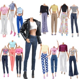 E-TING Lot 15 Items = 5 Sets Doll Clothes with 10 Pair Shoes Accessories for 11.5 Inch Girl Doll Outfits Random Style(Leather Jacket + Casual Wear)