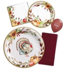 Thanksgiving Paper Plates and Napkins Party Supply- 36 Disposable Dinnerware Sets in Autumn Harvest Themed with Pumpkins, Leaves, Sunflowers, Apple