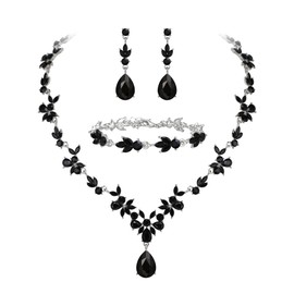 Clearine Wedding Jewellery Set for Women Bridal Y Necklace Tennis Bracelet and Earrings Dangle Set Crystal Teardrop Marquise Cluster Jewellery for Bridesmaid Black Silver Tone, Crystal