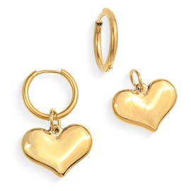 JeanBeau Gold Puffy Heart Dangle Drop Small Hoop Earrings for Women, Valentine Cute Statement Love Dangling Earing Wedding Prom Jewelry Gift.